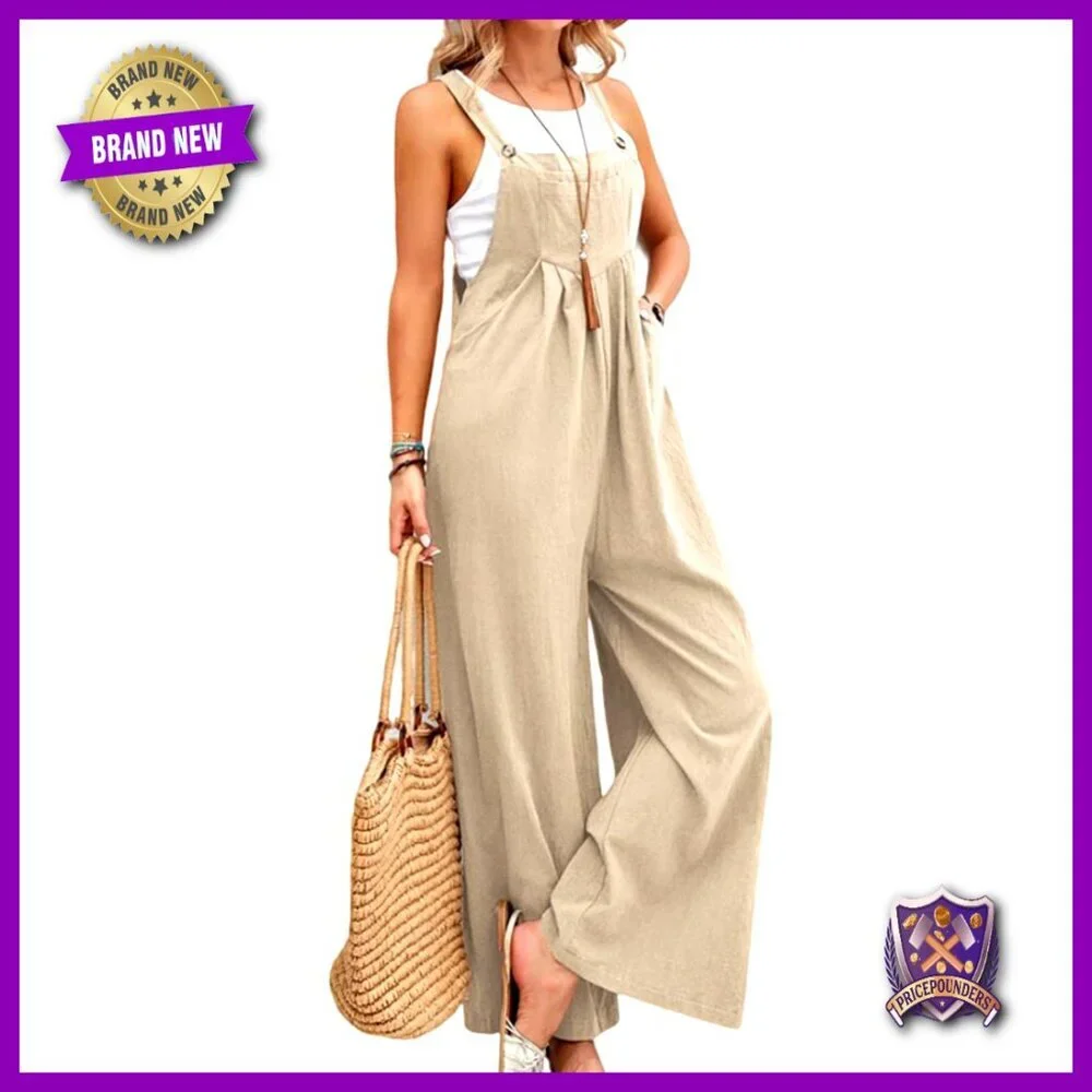 Sleeveless Wide Leg Overalls, Cotton Linen, Side Pockets, Maternity Friendly
